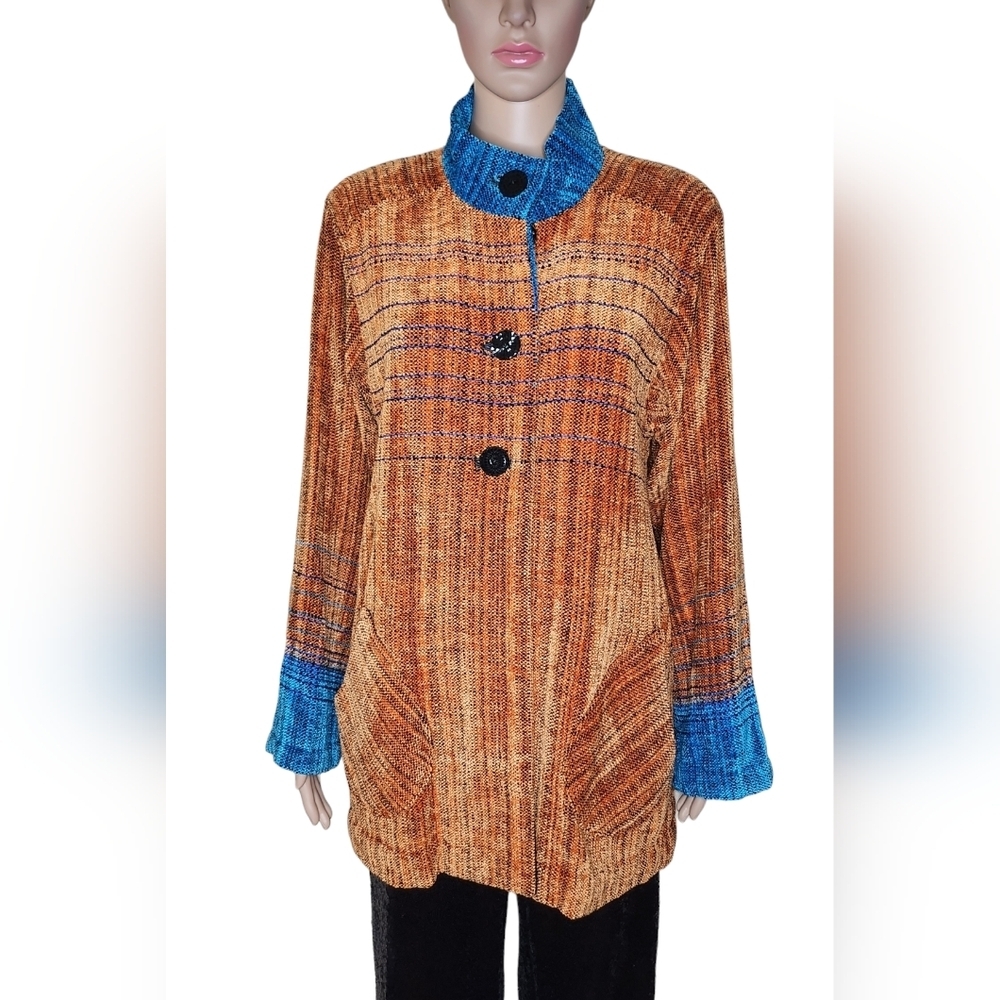 Vintage Camille Benjamin women's orange cotton handwoven wearable art jacket S